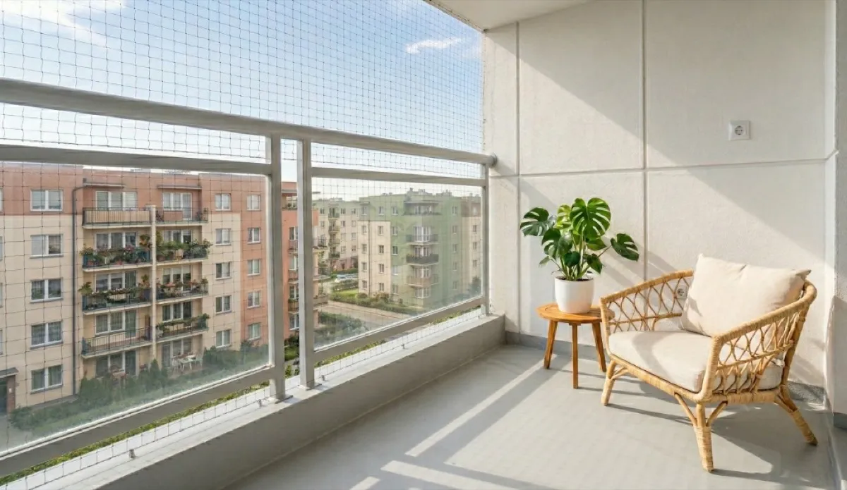 Balkon zabezpieczony siatką ochronną - czysty i bezpieczny widok