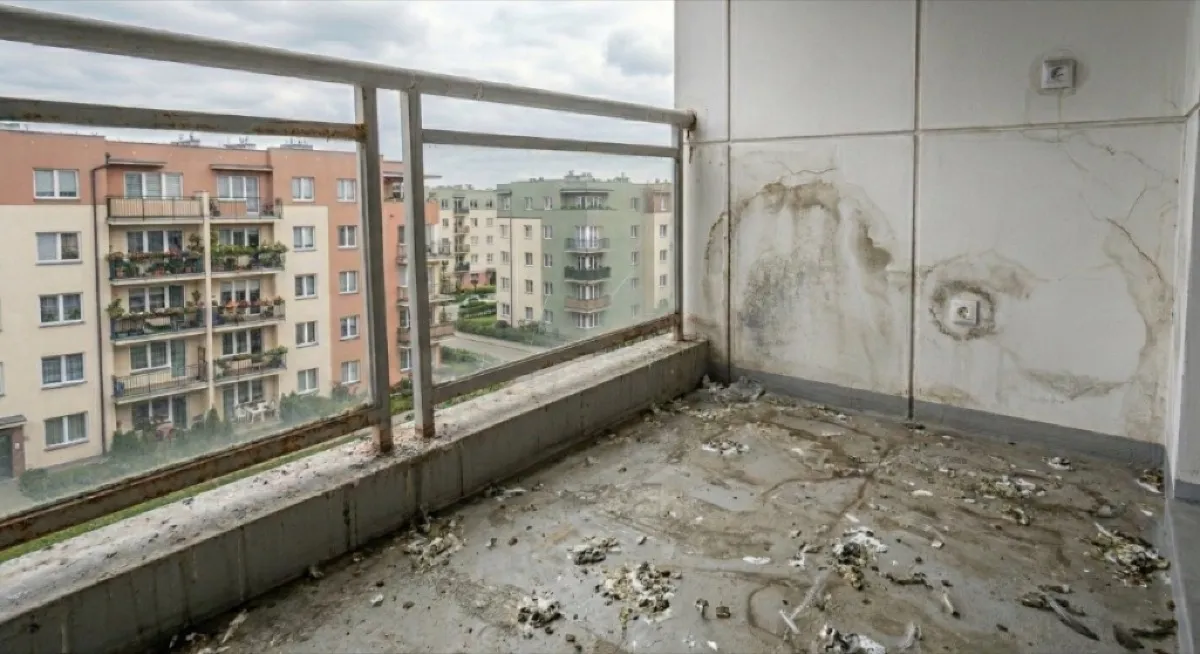 Przed: Balkon zabrudzony przez gołębie — problem z ptakami na budynku
